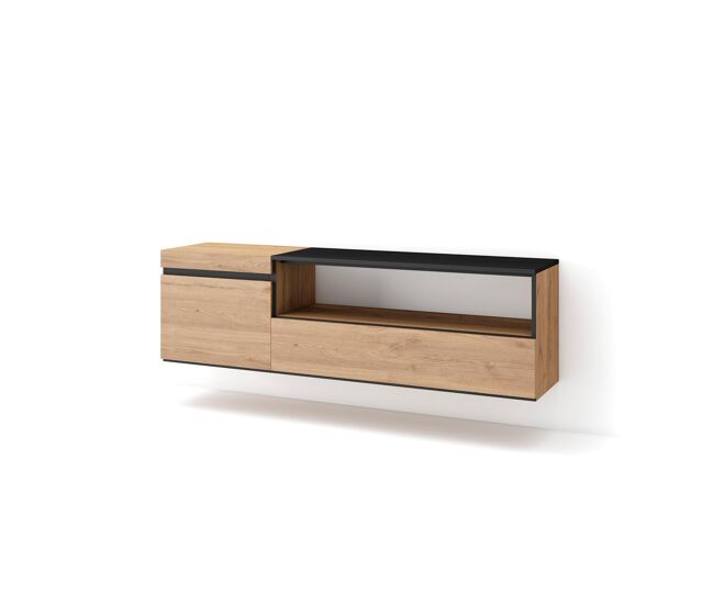 Móvel de tv, muito espaço de arrumação, 150x35x45cm, para televisores até 65", suspensos, estilo moderno, carvalho e preto