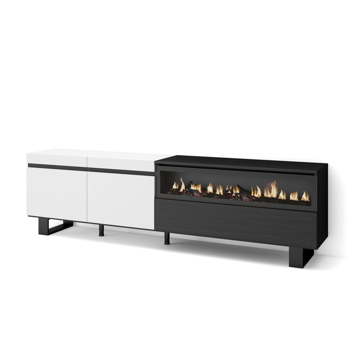 Móvel de tv, muito espaço de arrumação, 200x35x57cm, para televisores até 80", lareira eléctrica, design industrial, estilo moderno, branco e preto