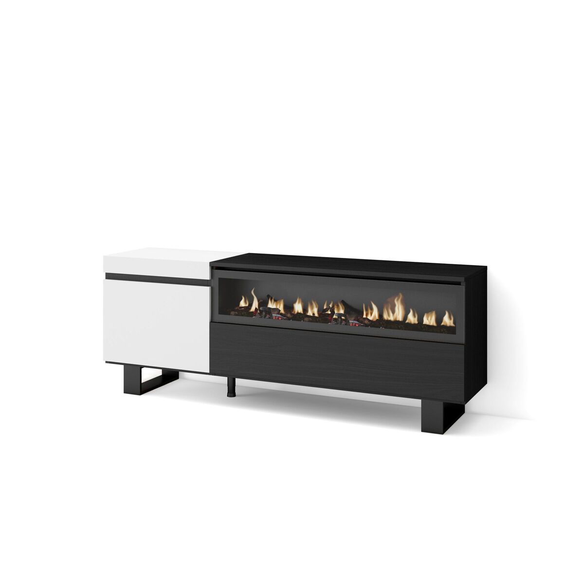 Móvel de tv, muito espaço de arrumação, 150x35x57cm, para televisores até 65", lareira eléctrica, design industrial, estilo moderno, branco e preto