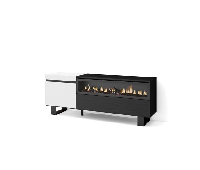 Móvel de tv, muito espaço de arrumação, 150x35x57cm, para televisores até 65", lareira eléctrica, design industrial, estilo moderno, branco e preto