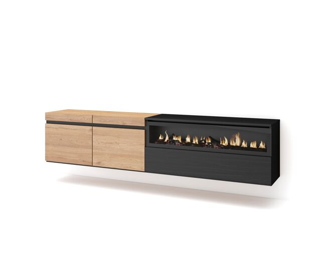 Móvel de tv, muito espaço de arrumação, 200x35x45cm, para televisores até 80", lareira eléctrica, suspensos, estilo moderno, carvalho e preto