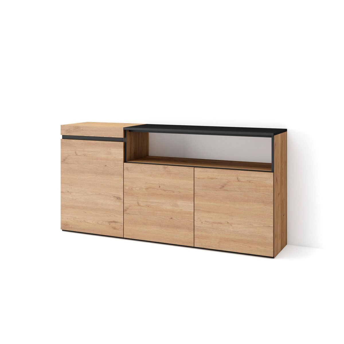 Aparador sala de jantar, sala, cozinha, entrada, tv, 150x35x75cm, 3 portas, armário arrumação, estilo moderno, carvalho e preto