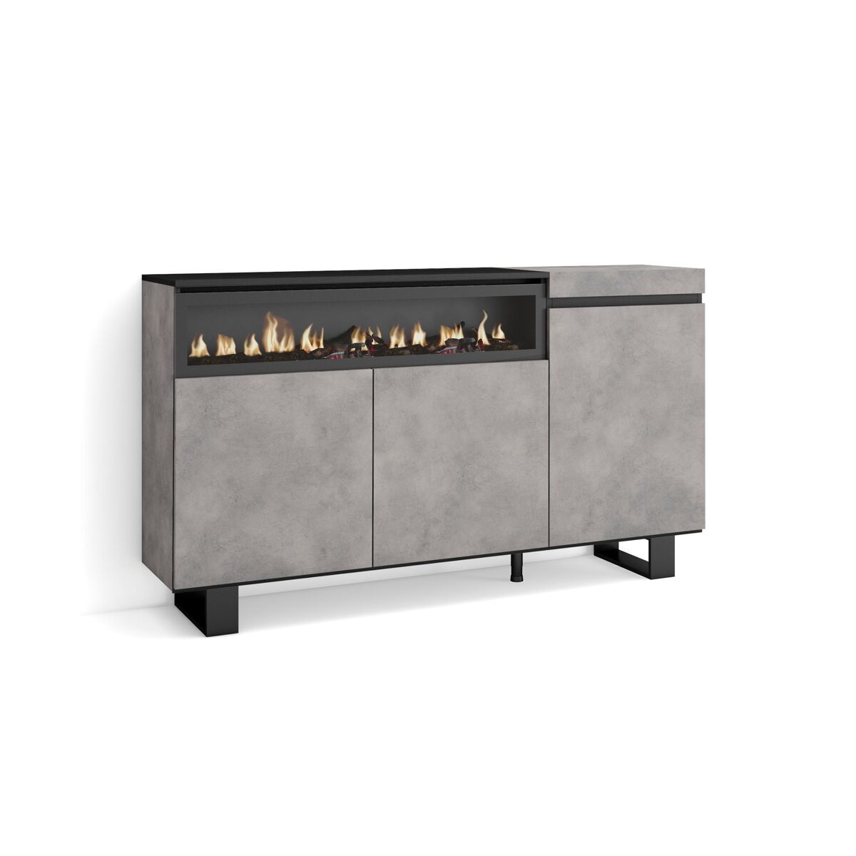 Aparador sala de jantar, sala, cozinha, entrada, tv, 150x35x87cm, 3 portas, lareira eléctrica, design industrial, estilo moderno, cimento