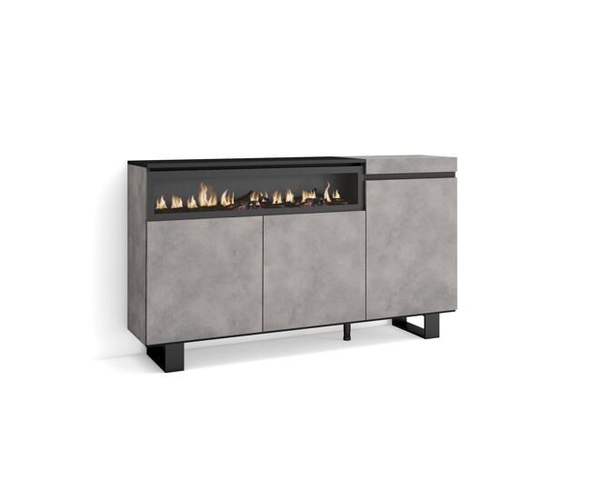Aparador sala de jantar, sala, cozinha, entrada, tv, 150x35x87cm, 3 portas, lareira eléctrica, design industrial, estilo moderno, cimento