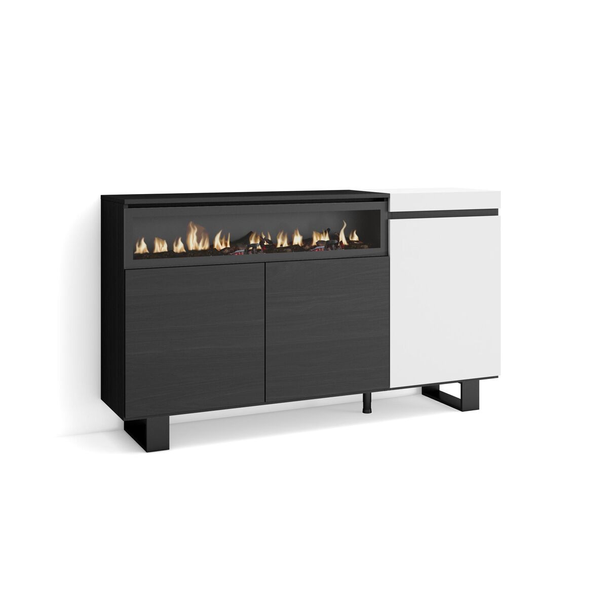 Aparador sala de jantar, sala, cozinha, entrada, tv, 150x35x87cm, 3 portas, lareira électrique, design industrial, estilo moderno, blanc e noir