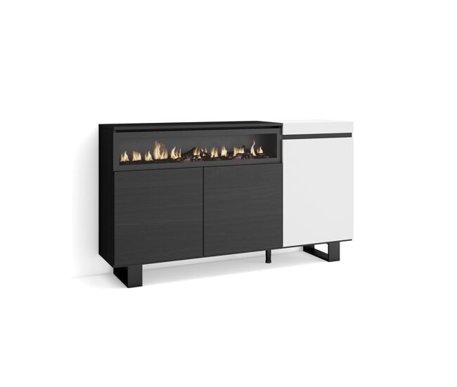 Aparador sala de jantar, sala, cozinha, entrada, tv, 150x35x87cm, 3 portas, lareira électrique, design industrial, estilo moderno, blanc e noir