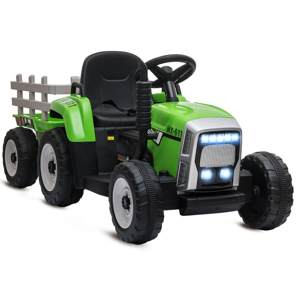 Homcom trator elétrico com reboque amovível carro elétrico para crianças 3-6 anos com controlo remoto música mp3 luzes e cinto de segurança 136,5x50x52,5 cm verde
