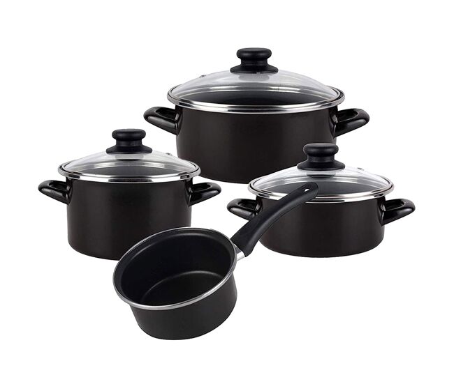 Magefesa kenia negra - 7 peças bateria de cozinha, aço vitrificado externo preto. bicamada reta. adequado para todos os tipos de cozinhas e