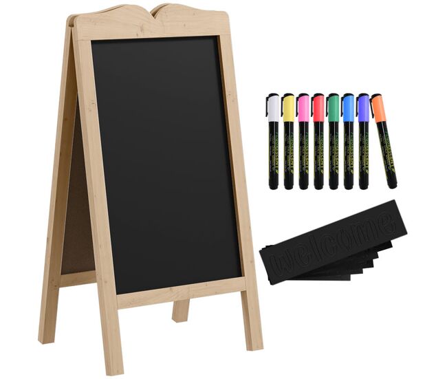Vinsetto mini cavalete de madeira quadro lousa noir magnético e dobrável com 8 gizes líquidos e 6 placas de palavras dupla face 51x42x101 cm madeira