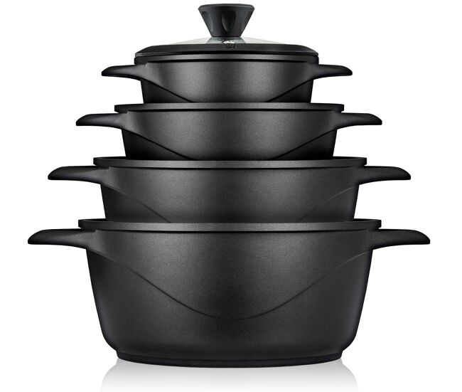 Briebe mgk12s trem de cozinha indução 8 peças, alumínio fundido, 4 panelas con tampa de vidro, antiaderente, , noir