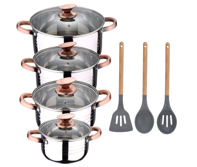 8 peças bateria de cozinha adequada para indução san ignacio altea em aço inoxidável com conjunto de 3 utensílios de cozinha em silicone daimiel