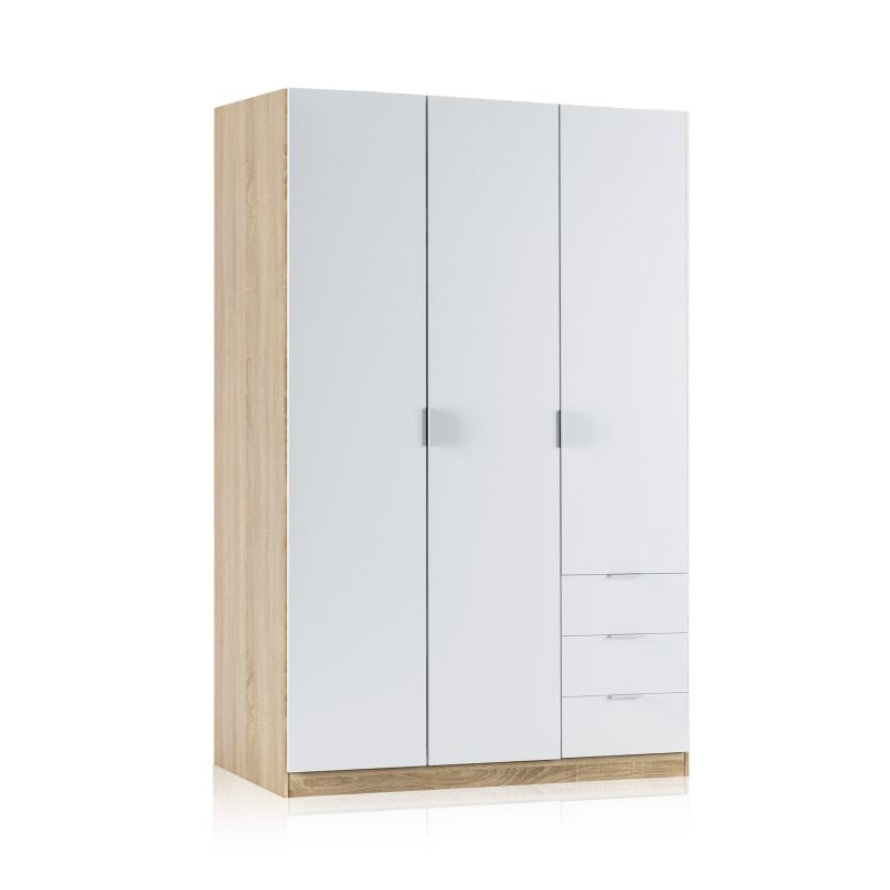 Duehome Roupeiro De Baixo Custo 3 Portas 3 Gavetas Artik White (Branco Mate) - Carvalho Canadiano 121(Armario)/35(Cajón) X 180(Armario)/13(Cajón) X 52 (Armar Madeira