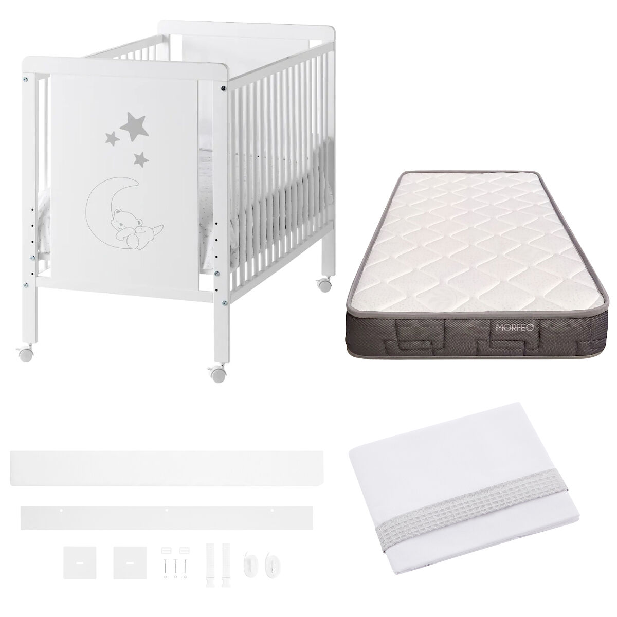 Berço co-leito Indi + colchão Morpheus + Base e tampo + 4 rodas