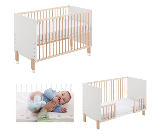 Berço umami 120x60 + kit de dormir em conjunto + calhas para transformar o berço numa cama + 4 rodas