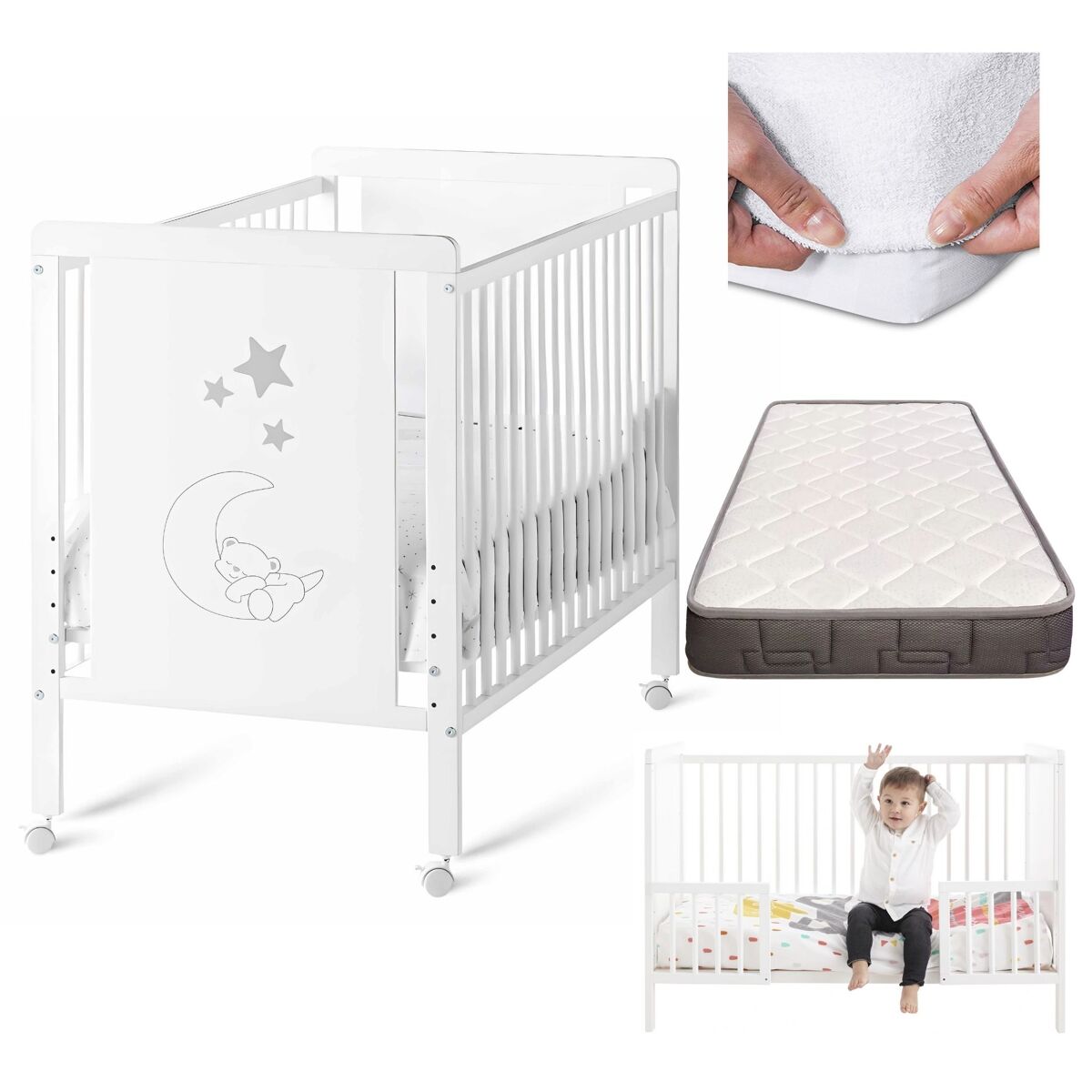 Berço indi com colchão convertível em cama, branco, madeira de faia + calhas de proteção + colchão morfeo + protetor de colchão