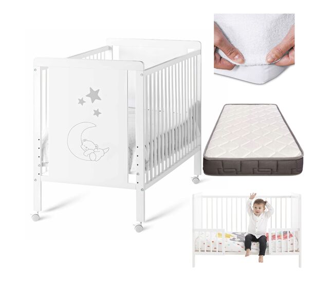 Berço indi com colchão convertível em cama, branco, madeira de faia + calhas de proteção + colchão morfeo + protetor de colchão