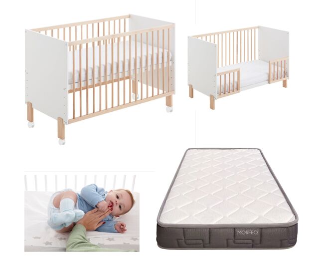 Berço umami 120x60 + kit de dormir em conjunto + colchão hr + calhas para transformar o berço numa cama + 4 rodas