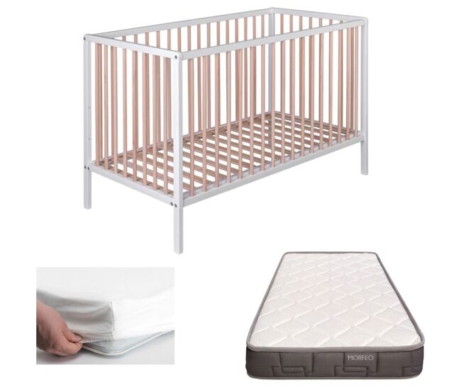 Berço laponia com base de ripas de faia + colchão morfeo + protetor de colchão + 4 rodas