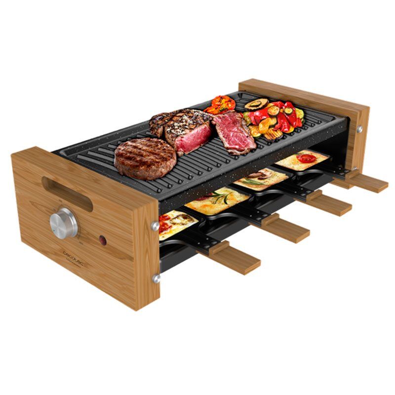 Cecotec Máquina de raclette para 8 pessoas com grill de 1200 W. Com estrutura de madeira, termóstato ajustável e placa antiaderente e uma superfície de aço com revestimento de alta qualidade. Inclui 8 panelas pequenas antiaderentes.