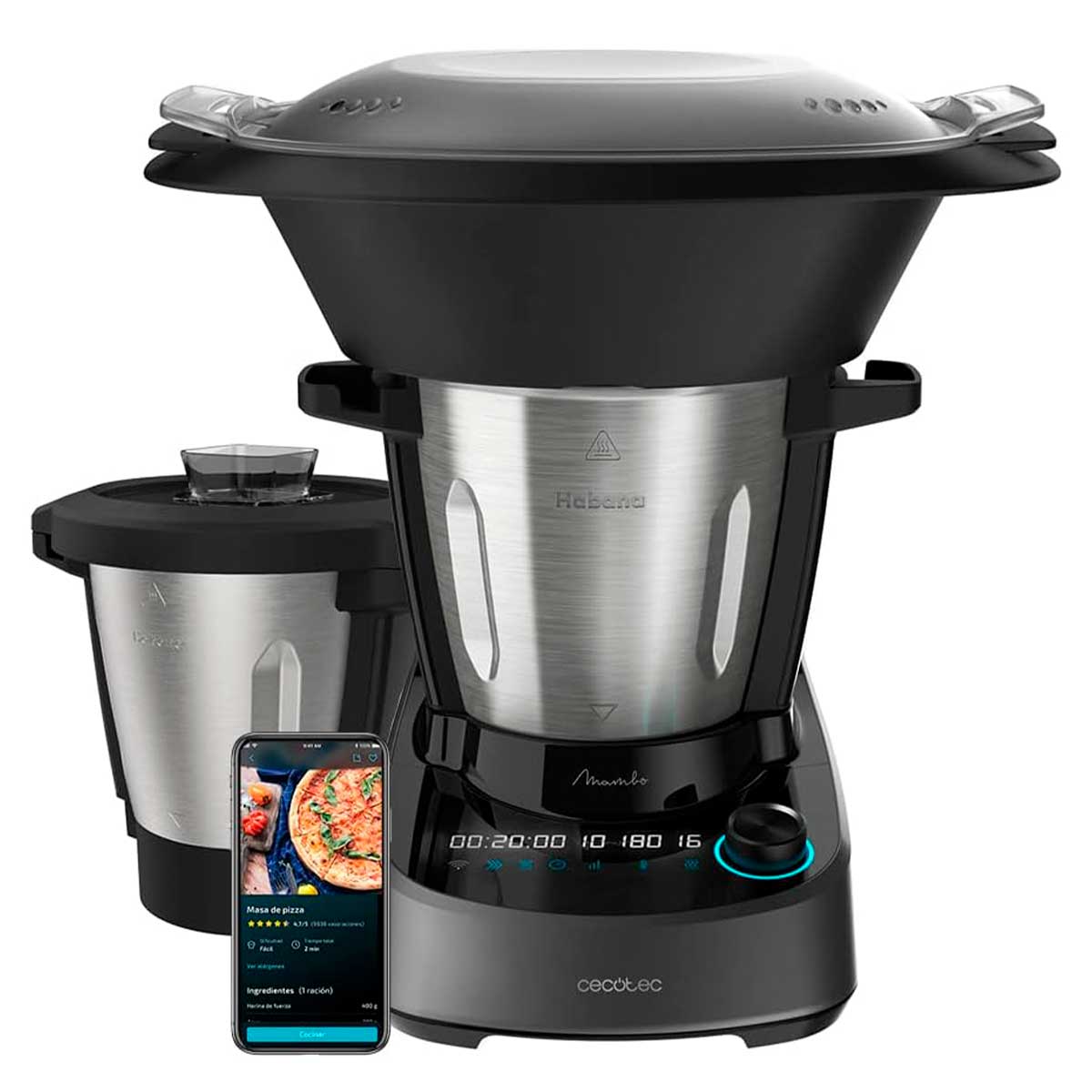 Cecotec Robô de cozinha com WiFi, 37 funções, APP para cozedura guiada e manual, sistema de auto-limpeza, acessórios OneClick, balanças integradas, jarro de aço inoxidável e jarro antiaderente Habana.