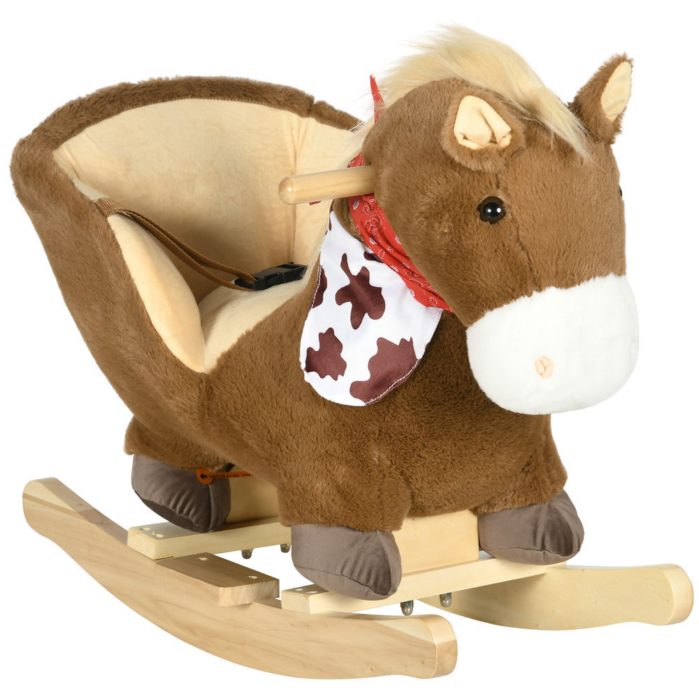 Homcom cavalo baloiço para bebés 18-36 meses cavalo baloiço com sons cinto de segurança guiador e apoio para os pés carga 40 kg 60x33x50 cm marrom