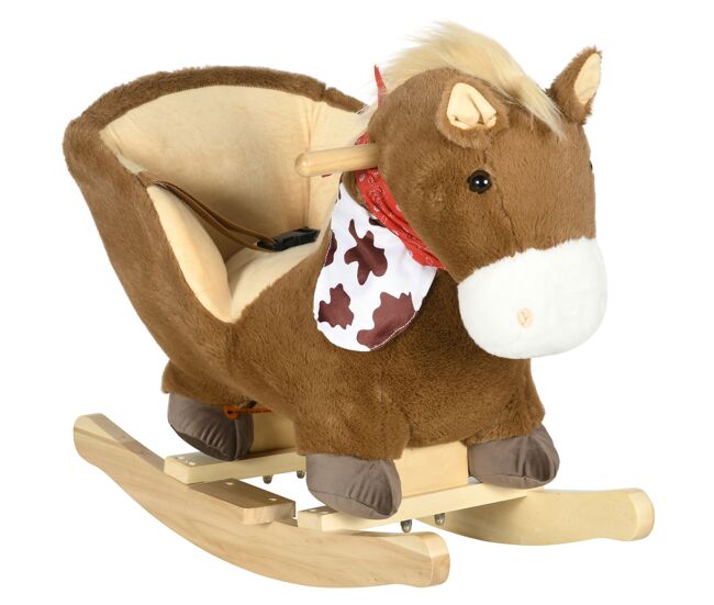 Homcom cheval à bascule pour bébés 18-36 mois cheval à bascule avec sons ceinture de sécurité guidon et repose-pieds charge 40 kg 60x33x50 cm marron