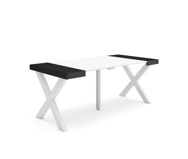 Mesa consola extensível, cozinha, sala de jantar, 180x90x73cm, para 8 pessoas, pés de madeira, estilo moderno, branco e preto