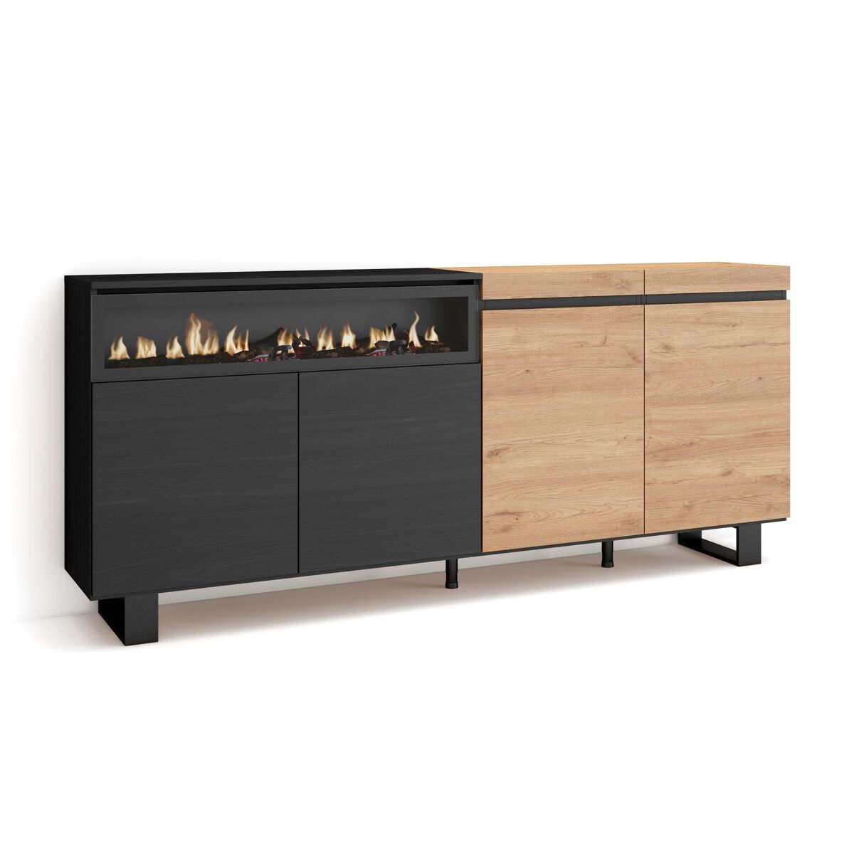 Aparador sala de jantar, sala, cozinha, entrada, tv, 200x35x87cm, 4 portas, lareira eléctrica, design industrial, estilo moderno, carvalho e preto