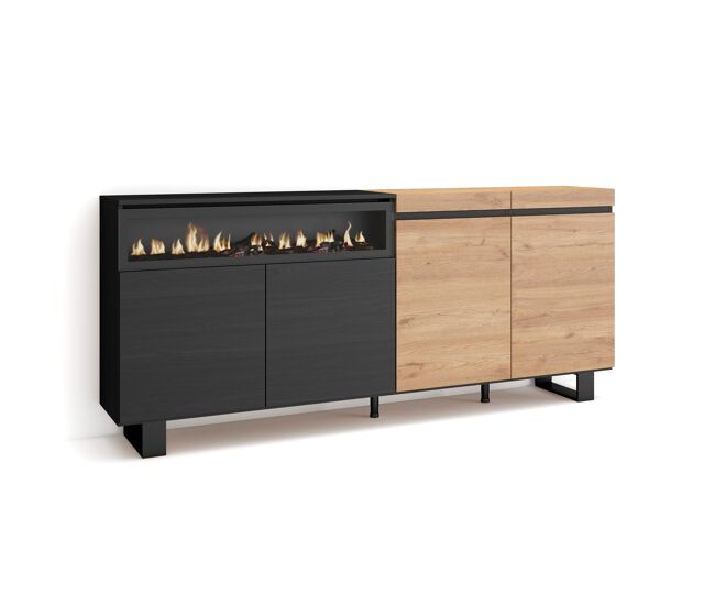 Aparador sala de jantar, sala, cozinha, entrada, tv, 200x35x87cm, 4 portas, lareira eléctrica, design industrial, estilo moderno, carvalho e preto