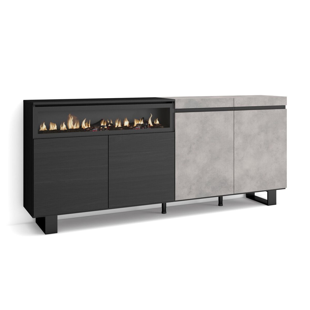 Aparador sala de jantar, sala, cozinha, entrada, tv, 200x35x87cm, 4 portas, lareira eléctrica, design industrial, estilo moderno, cimento
