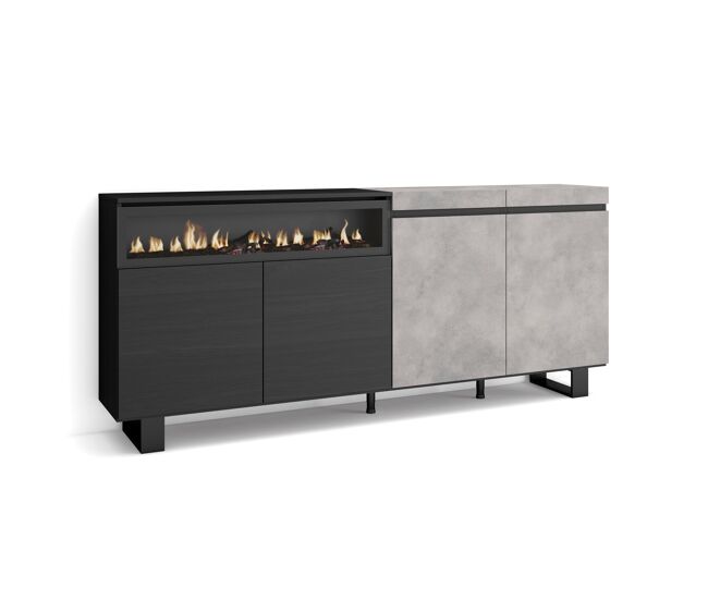 Aparador sala de jantar, sala, cozinha, entrada, tv, 200x35x87cm, 4 portas, lareira eléctrica, design industrial, estilo moderno, cimento