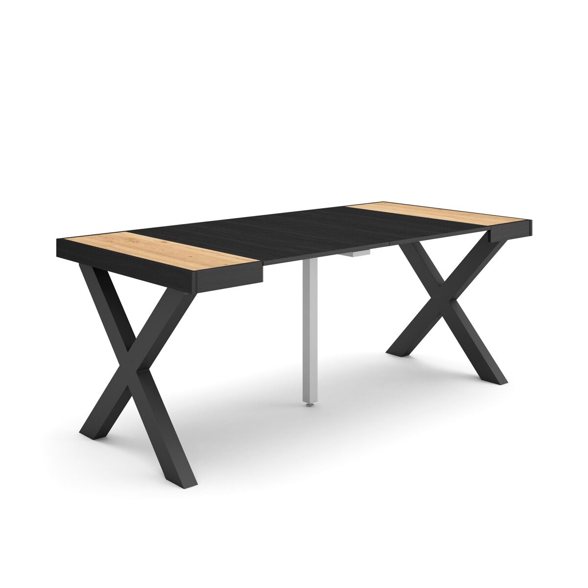 Mesa consola extensível, cozinha, sala de jantar, 180x90x73cm, para 8 pessoas, pés de madeira, estilo moderno, carvalho e preto