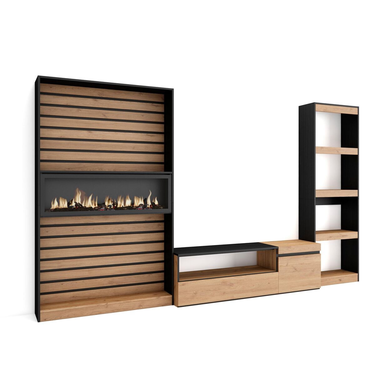 Conjunto de móveis tv, mobiliário sala de estar, 320x35x186cm, lareira électrique xxl, estilo moderno, carvalho e noir