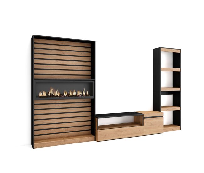 Conjunto de móveis tv, mobiliário sala de estar, 320x35x186cm, lareira électrique xxl, estilo moderno, carvalho e noir