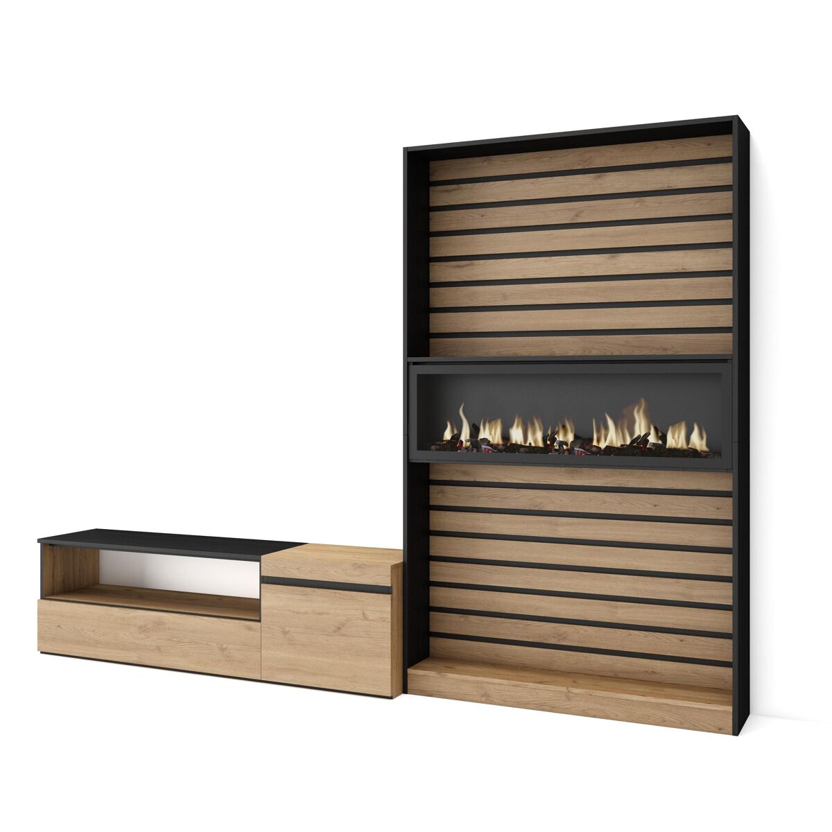 Conjunto de móveis tv, mobiliário sala de estar, 260x35x186cm, para televisores até 65", lareira eléctrica xxl, estilo moderno, carvalho e preto