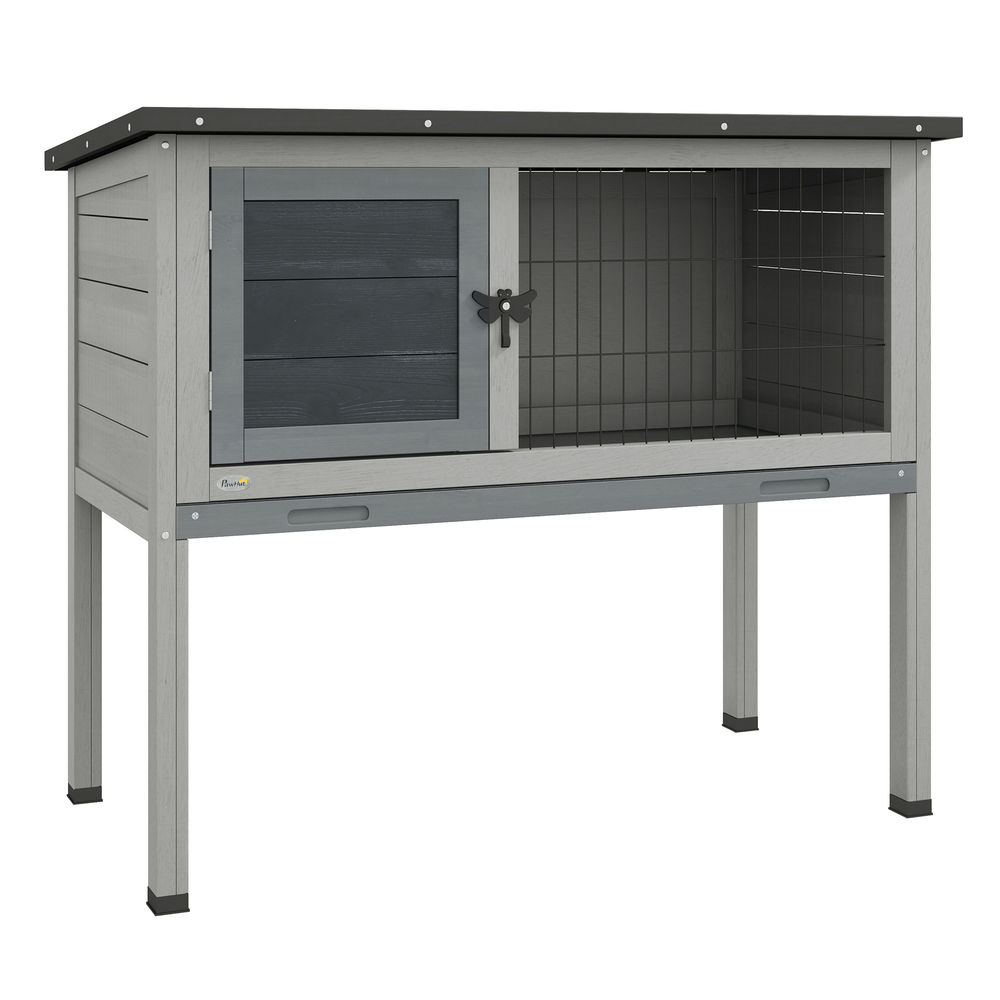 Pawhut coelheira de madeira casa para animais pequenos coelhos porquinho da índia com bandeja amovível e teto asfáltico 84x43x70 cm cinza e preto