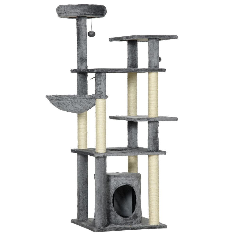 Pawhut arranhador para gatos grande 144 cm torre para gatos com poste de arranhar de sisal cama caverna plataformas e bolas suspensas 49x49x144 cm