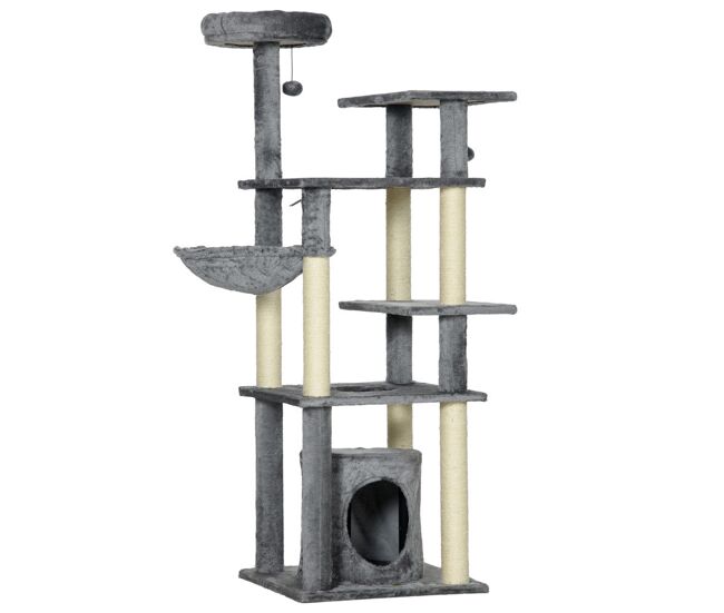 Pawhut arranhador para gatos grande 144 cm torre para gatos com poste de arranhar de sisal cama caverna plataformas e bolas suspensas 49x49x144 cm