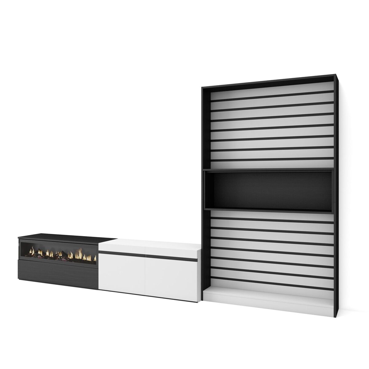 Conjunto de móveis tv, mobiliário sala de estar, 310x35x186cm, para televisores até 80", lareira eléctrica, estilo moderno, branco e preto