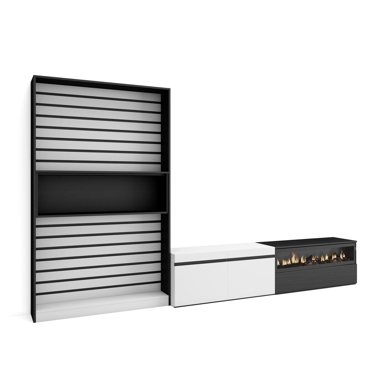 Conjunto de móveis tv, mobiliário sala de estar, 310x35x186cm, para televisores até 80", lareira eléctrica, estilo moderno, branco e preto