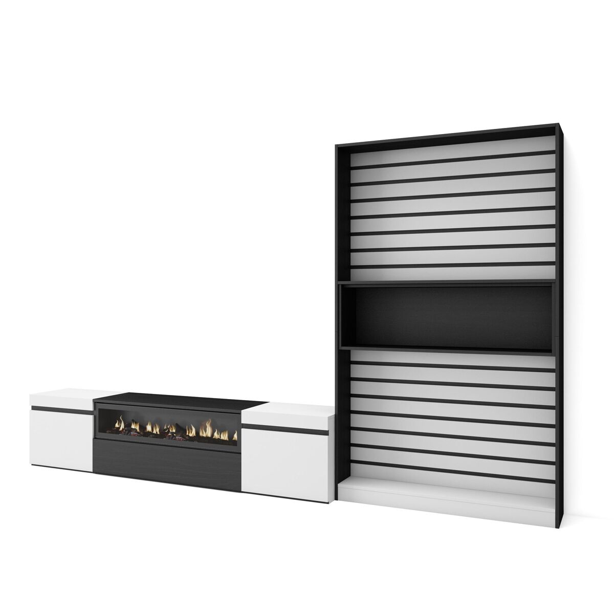Conjunto de móveis tv, mobiliário sala de estar, 310x35x186cm, para televisores até 80", lareira eléctrica, estilo moderno, branco e preto