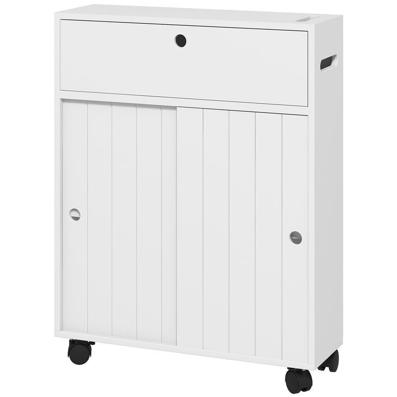 Kleankin armário auxiliar casa de banho moderno armário casa de banho com 4 rodas 2 compartimentos para papel higiénico armário e prateleiras