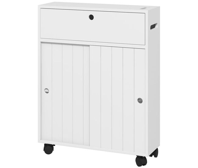 Kleankin armário auxiliar casa de banho moderno armário casa de banho com 4 rodas 2 compartimentos para papel higiénico armário e prateleiras