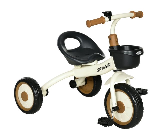 Aiyaplay triciclo para enfants de 2 a 5 anos triciclo infantil com assento ajustável cesta buzina e pedais e 3 rodas carga máxima 25 kg 70,5x53x58 cm bege e marrom