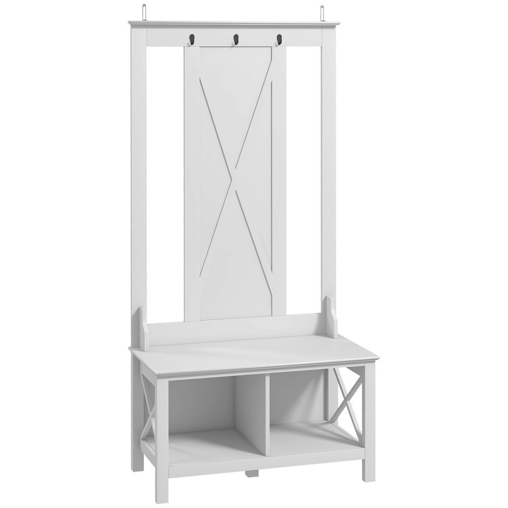 Homcom móvel cabide de entrada de madeira móvel de entrada com banco 2 prateleiras e 3 ganchos para pendurar roupa bolsas para corredor entrada 80,5x40x168 cm branco