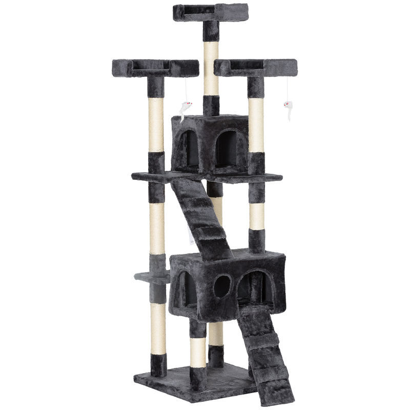 Pawhut arranhador para gatos grande 49x49x173 cm com múltiplos níveis cavernas brinquedos suspensos centro de atividades de sisal cinza