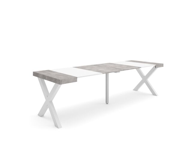 Mesa consola extensível, cozinha, sala de jantar, 262x90x73cm, para 12 pessoas, pés de madeira, estilo moderno, branco e cinzento