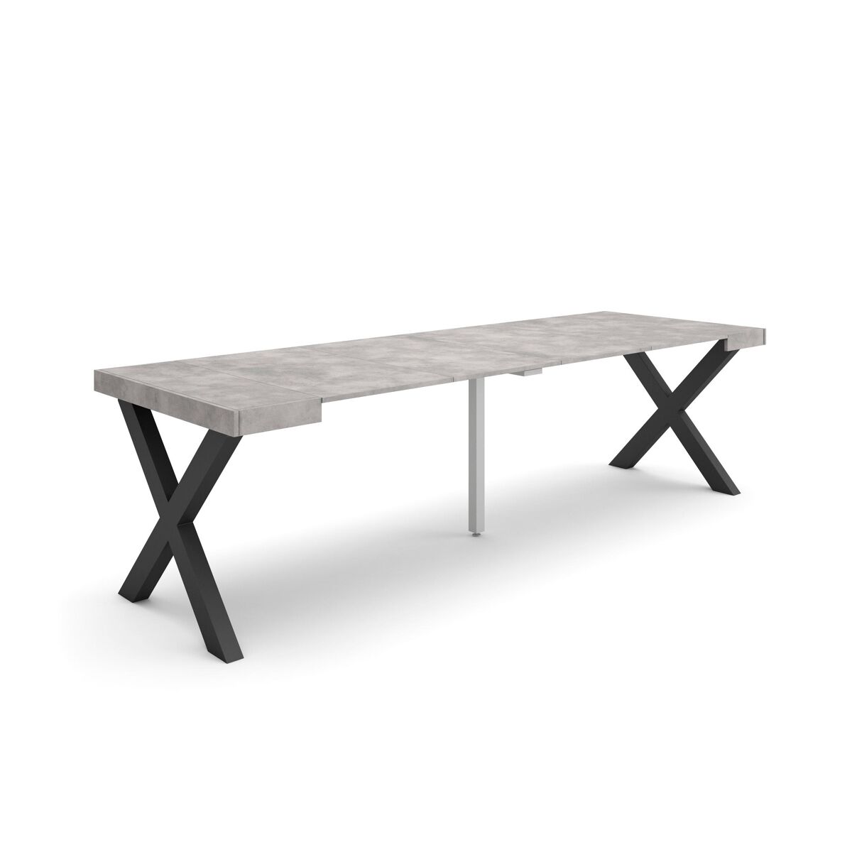 Mesa consola extensível, cozinha, sala de jantar, 262x90x73cm, para 12 pessoas, pés de madeira, estilo moderno, cimento