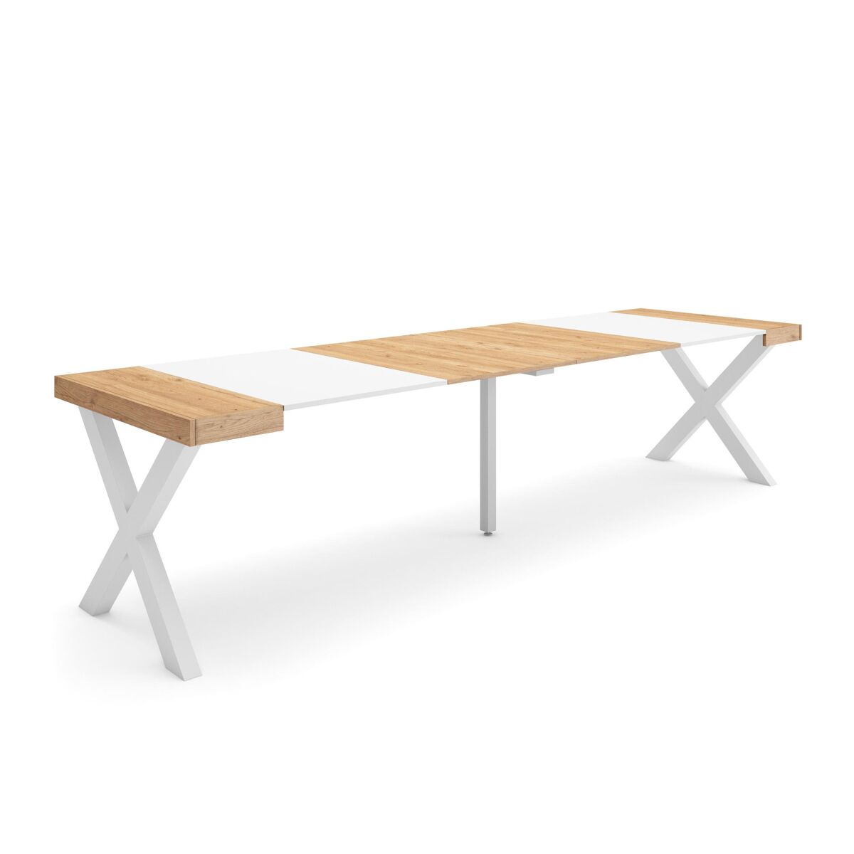 Mesa consola extensível, cozinha, sala de jantar, 302x90x73cm, para 14 pessoas, pés de madeira, estilo moderno, carvalho e branco