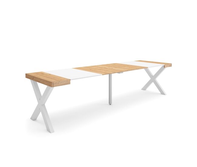 Mesa consola extensível, cozinha, sala de jantar, 302x90x73cm, para 14 pessoas, pés de madeira, estilo moderno, carvalho e branco